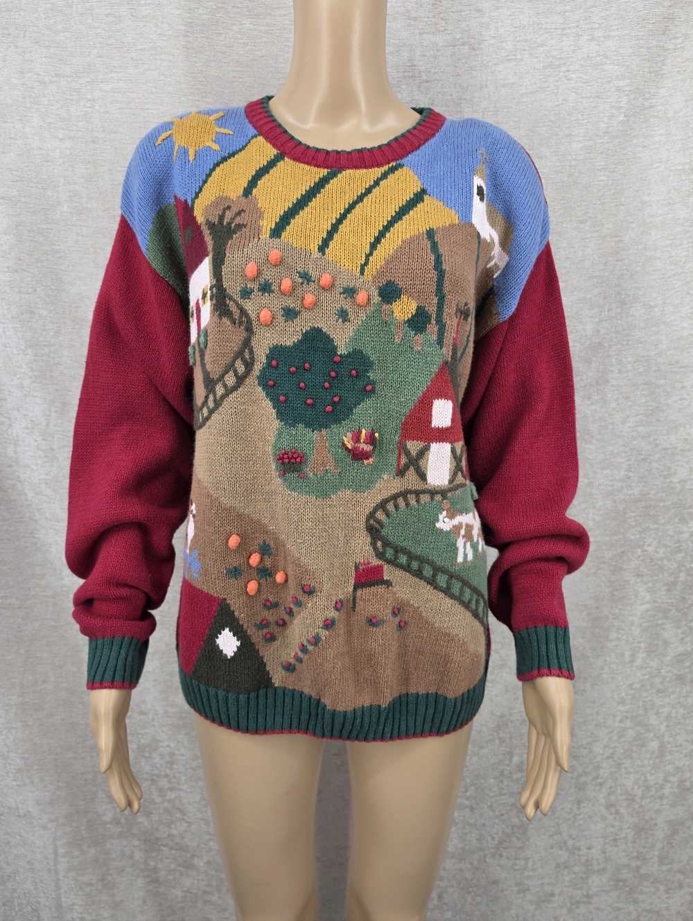 Lucia Vintage Farm Orchard 2D Knit Crewneck Sweater Novelty Fall - Picture 2 of 14